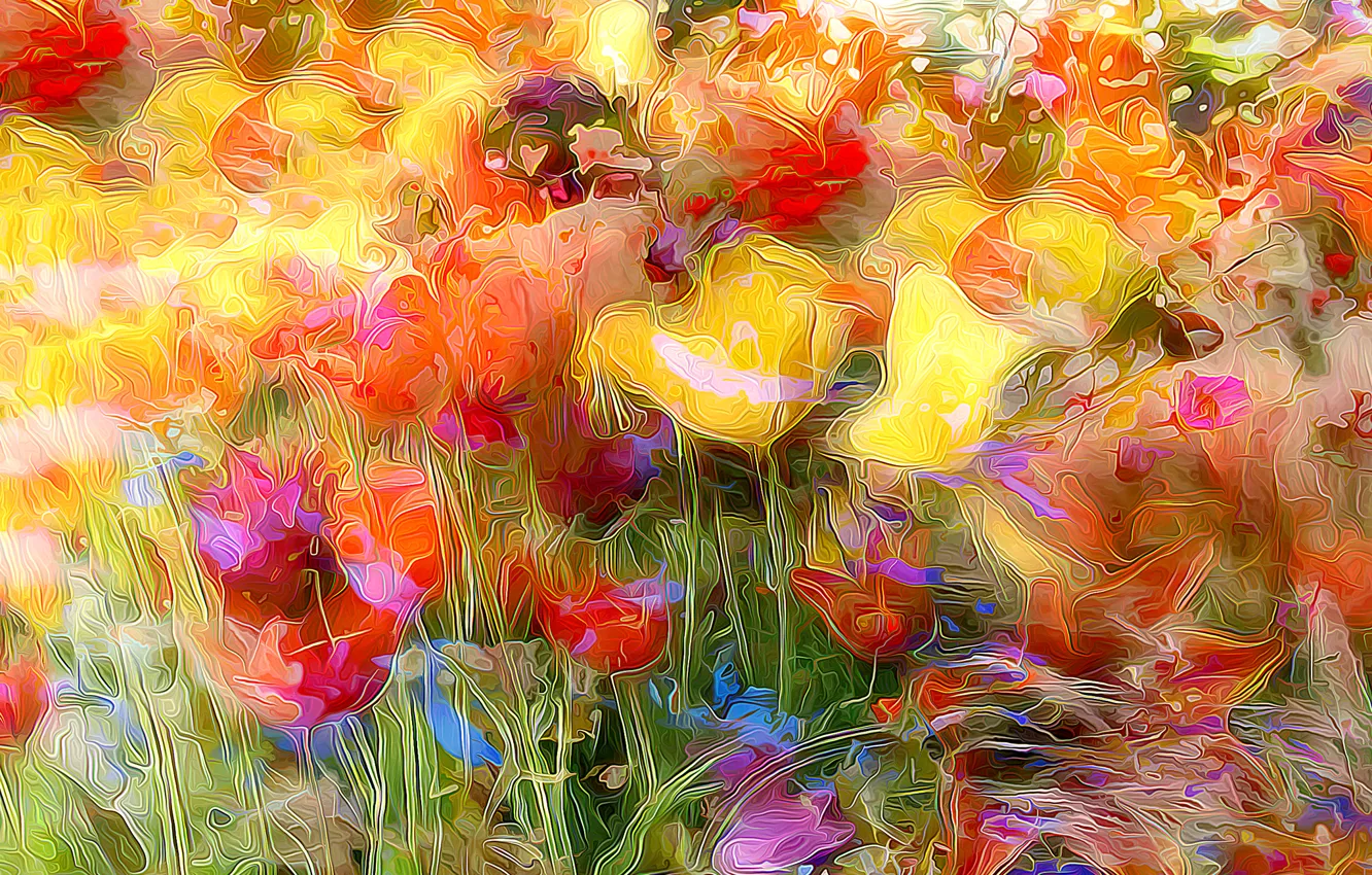 Photo wallpaper field, flowers, nature, rendering, Mac, Tulip, meadow