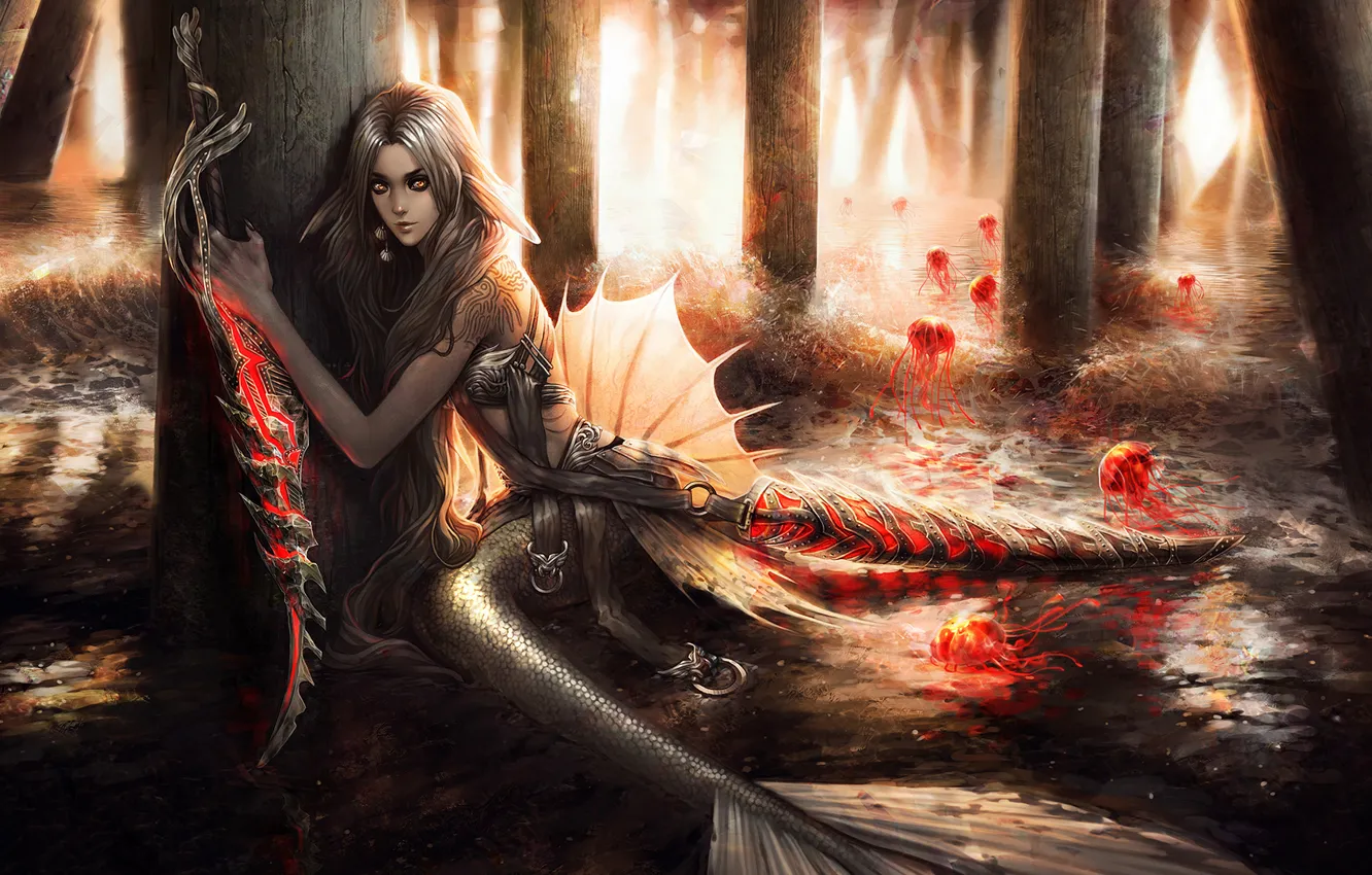 Photo wallpaper wave, mermaid, sword, jellyfish, tail