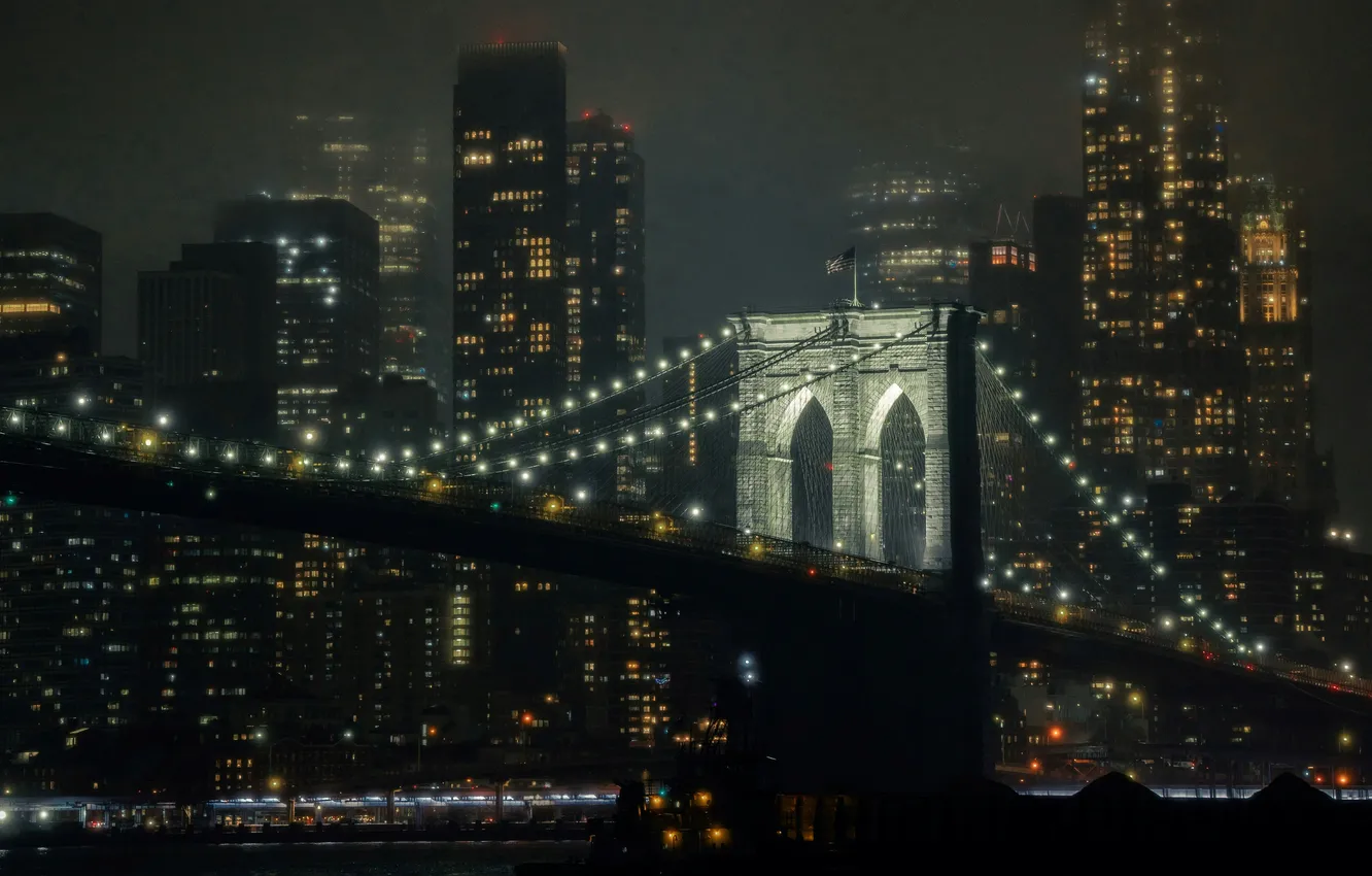Photo wallpaper night, bridge, the city, lights, New York, USA