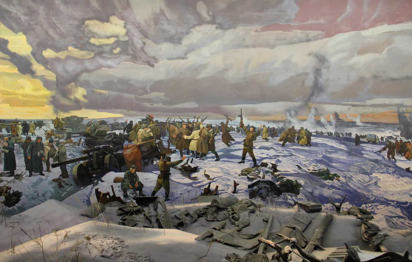 Photo wallpaper Winter, Snow, War, Picture, Moscow, Soldiers, Fragment, Gun
