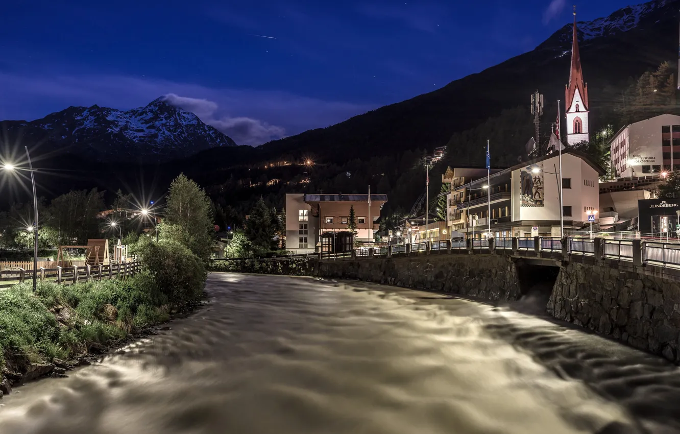 Photo wallpaper night, lights, river, home, Austria, Tyrol, Sölden
