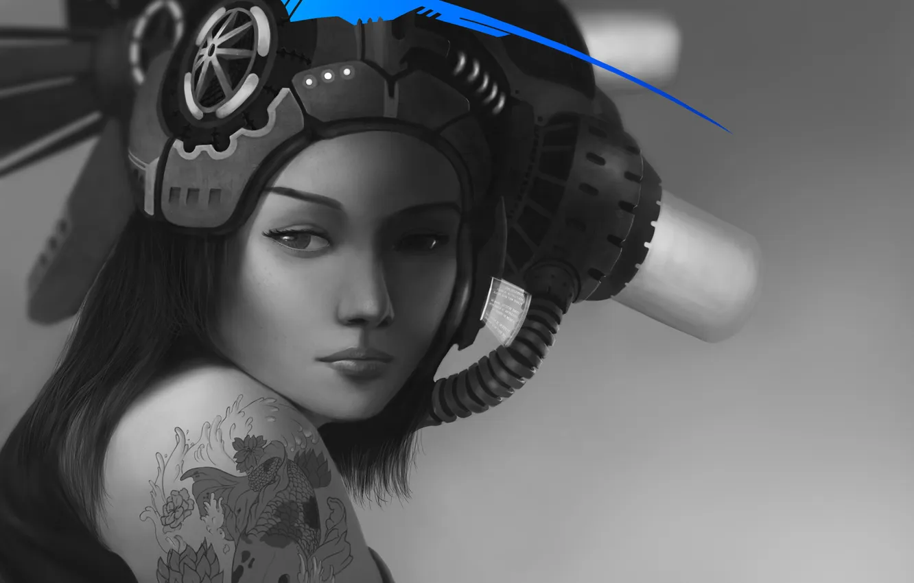 Photo wallpaper girl, fish, blue, fish, tattoo, art, tattoo, helmet