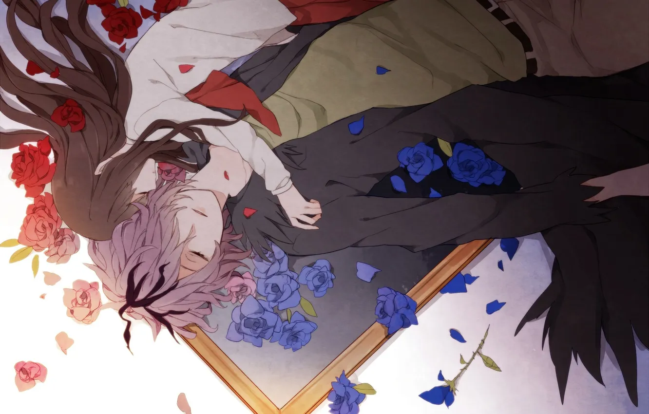 Photo wallpaper girl, flowers, wings, picture, anime, petals, art, guy