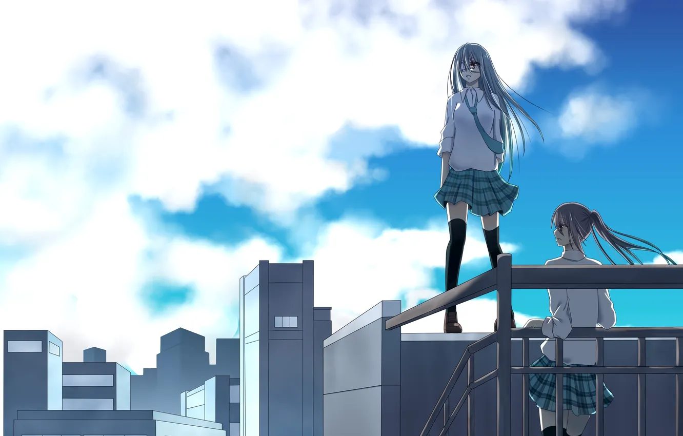 Photo wallpaper roof, girl, the city, home, anime, art, profile, headband