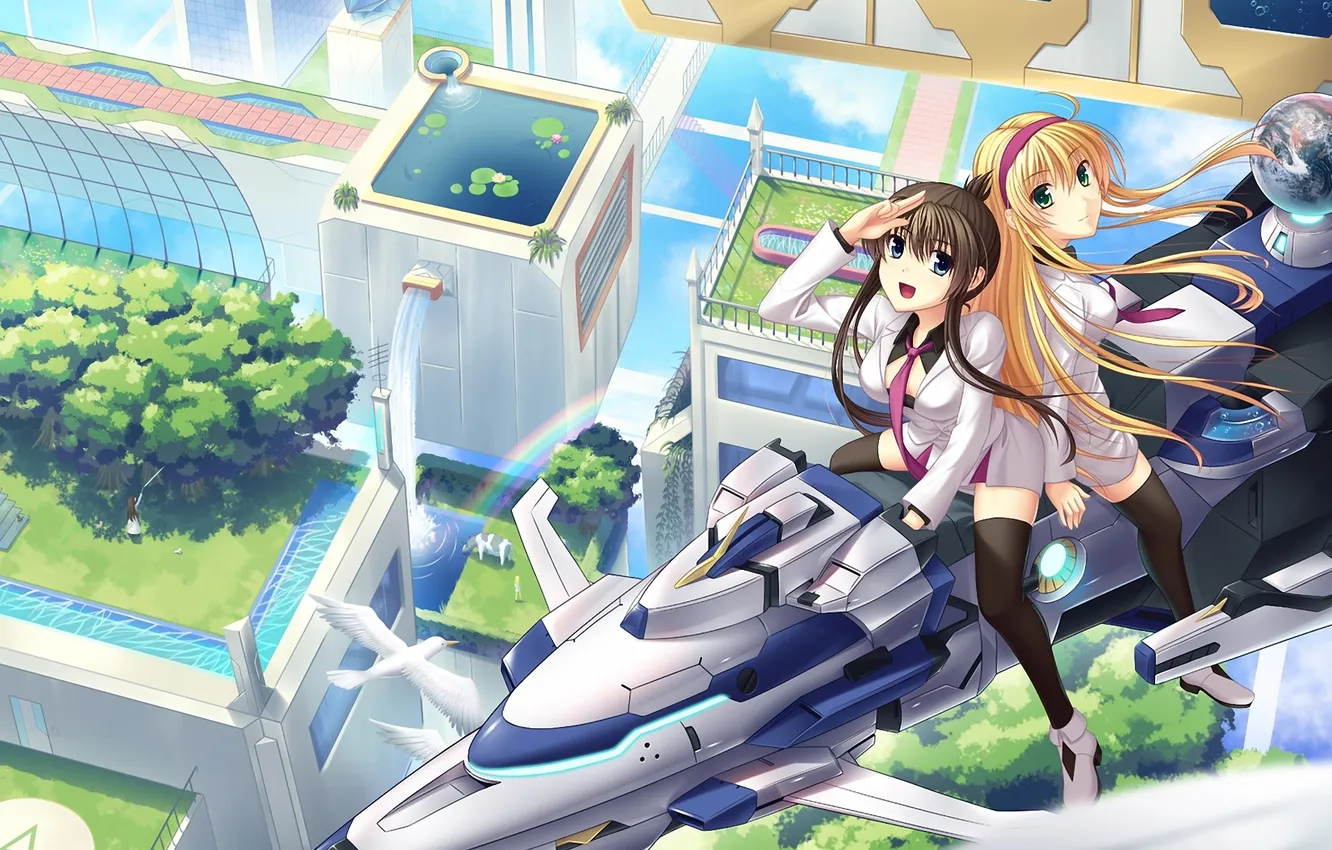 Photo wallpaper flight, the city, future, bird, transport, girl