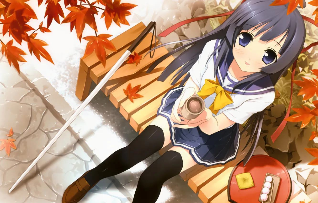 Photo wallpaper autumn, leaves, girl, trees, bench, tea, food, shop