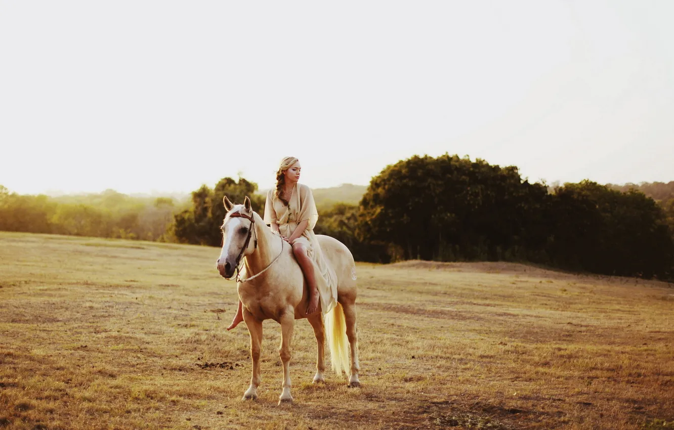 Photo wallpaper field, girl, horse