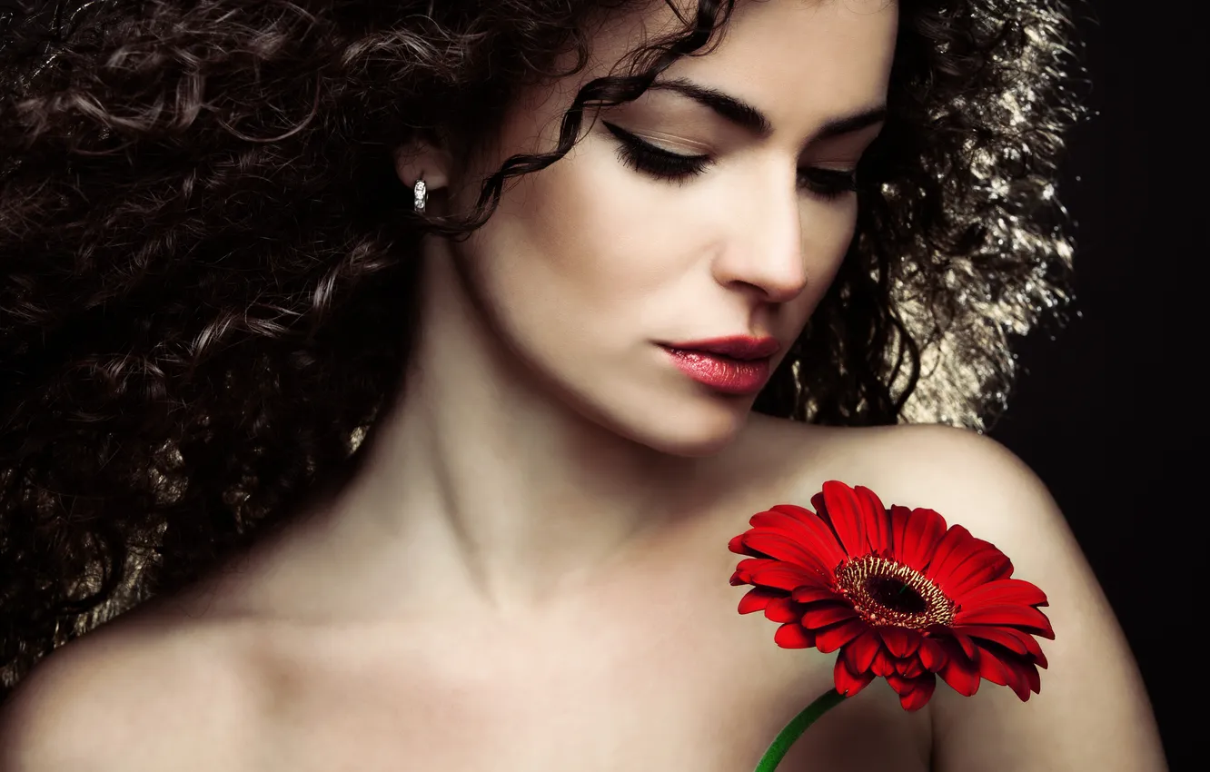 Photo wallpaper look, girl, flowers, face, eyelashes, hair, petals, shoulders