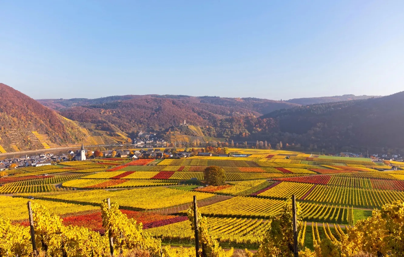 Photo wallpaper field, autumn, mountains, river, home, Germany, channel, Sunny