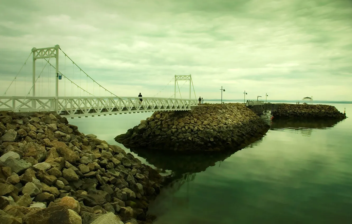 Photo wallpaper the sky, water, landscape, bridge, stones, Wallpaper, people