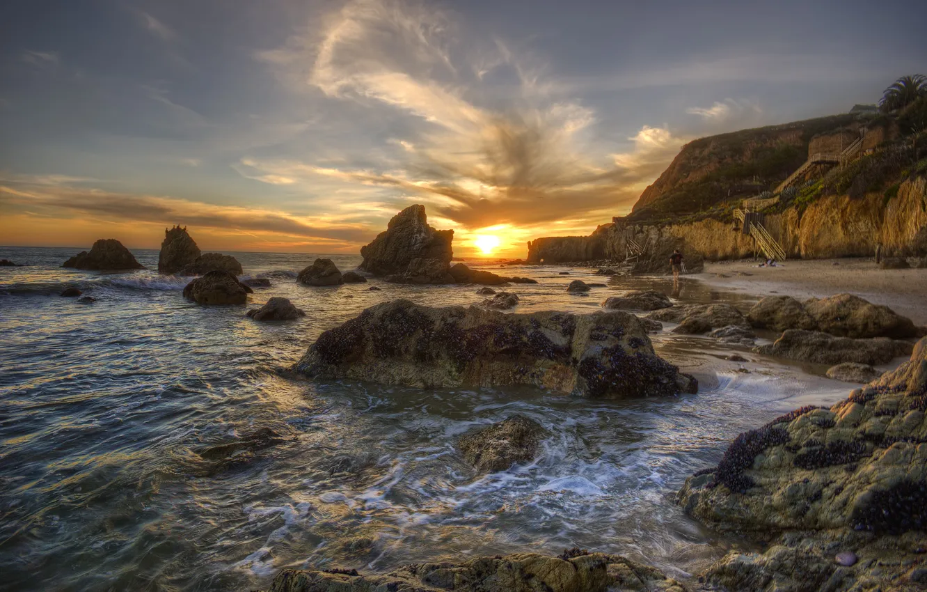 Photo wallpaper sand, sea, wave, beach, the sky, clouds, sunset, nature