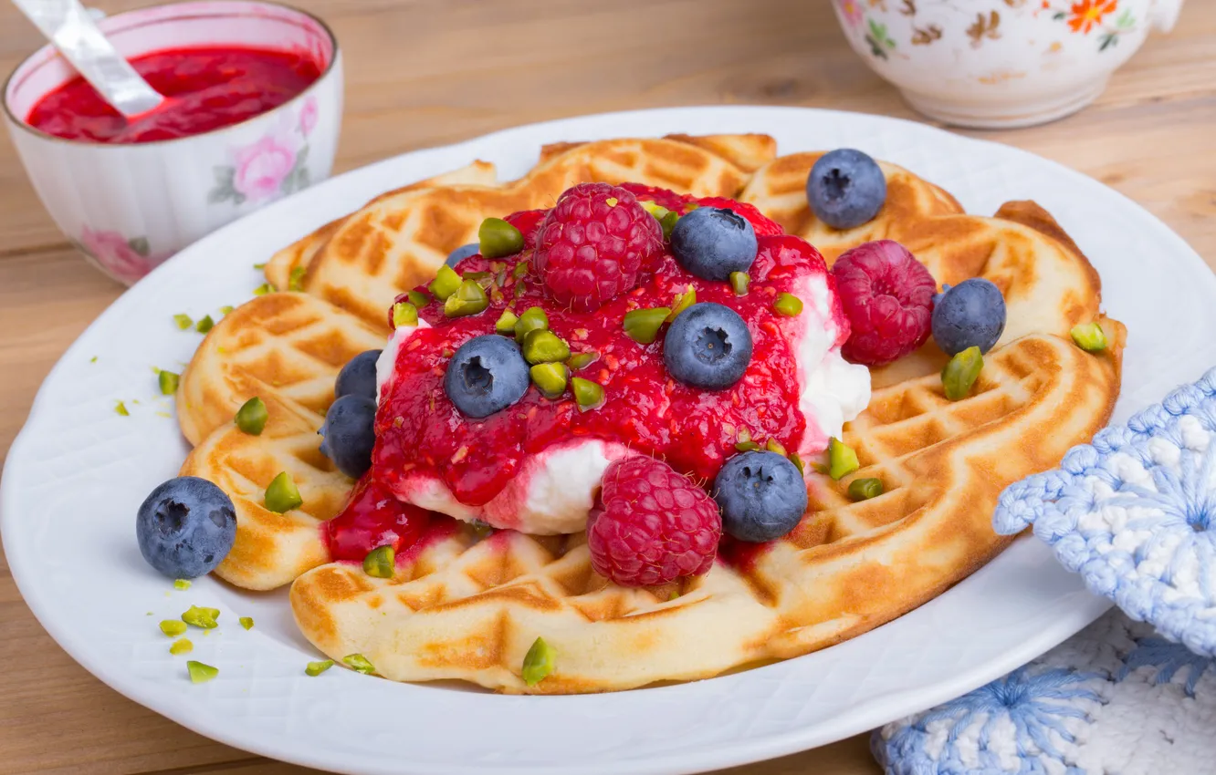 Photo wallpaper raspberry, Breakfast, blueberries, nuts, waffles, jam, nuts, breakfast