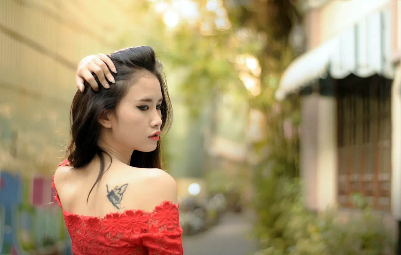 Photo wallpaper girl, tattoo, Asian