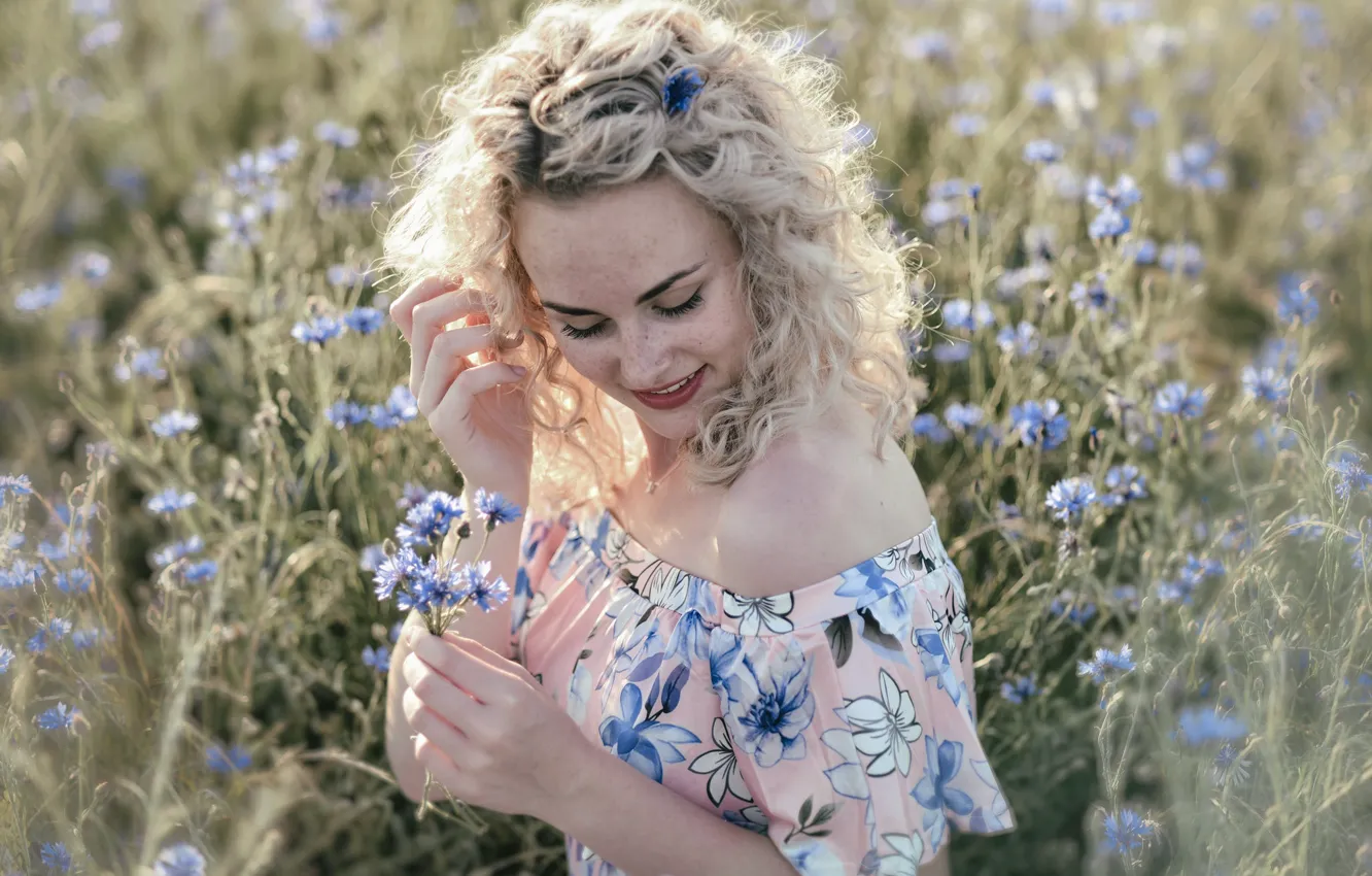 Photo wallpaper field, summer, girl, flowers, pose, smile, mood, blue