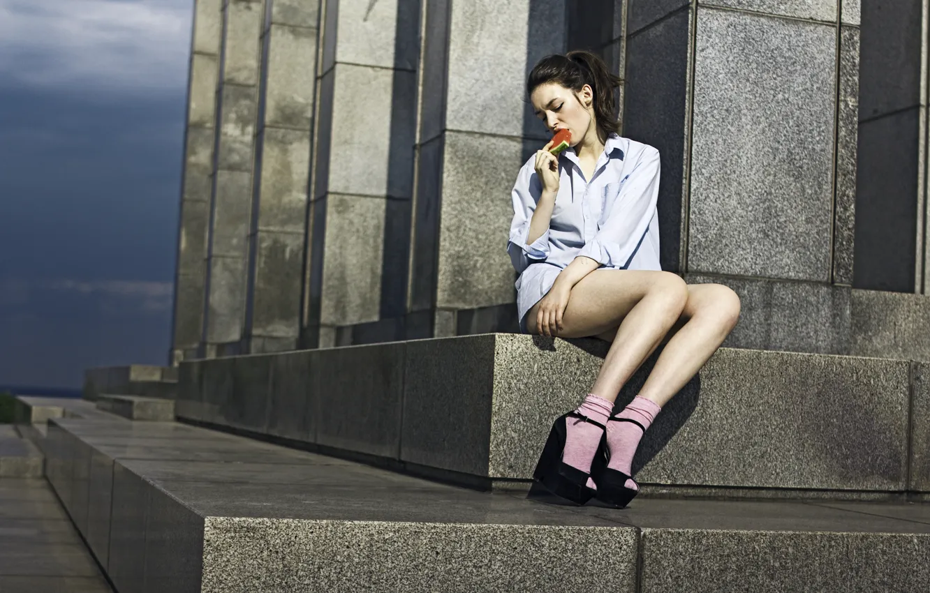 Photo wallpaper girl, pose, watermelon, steps, socks, shirt, sitting, sandals
