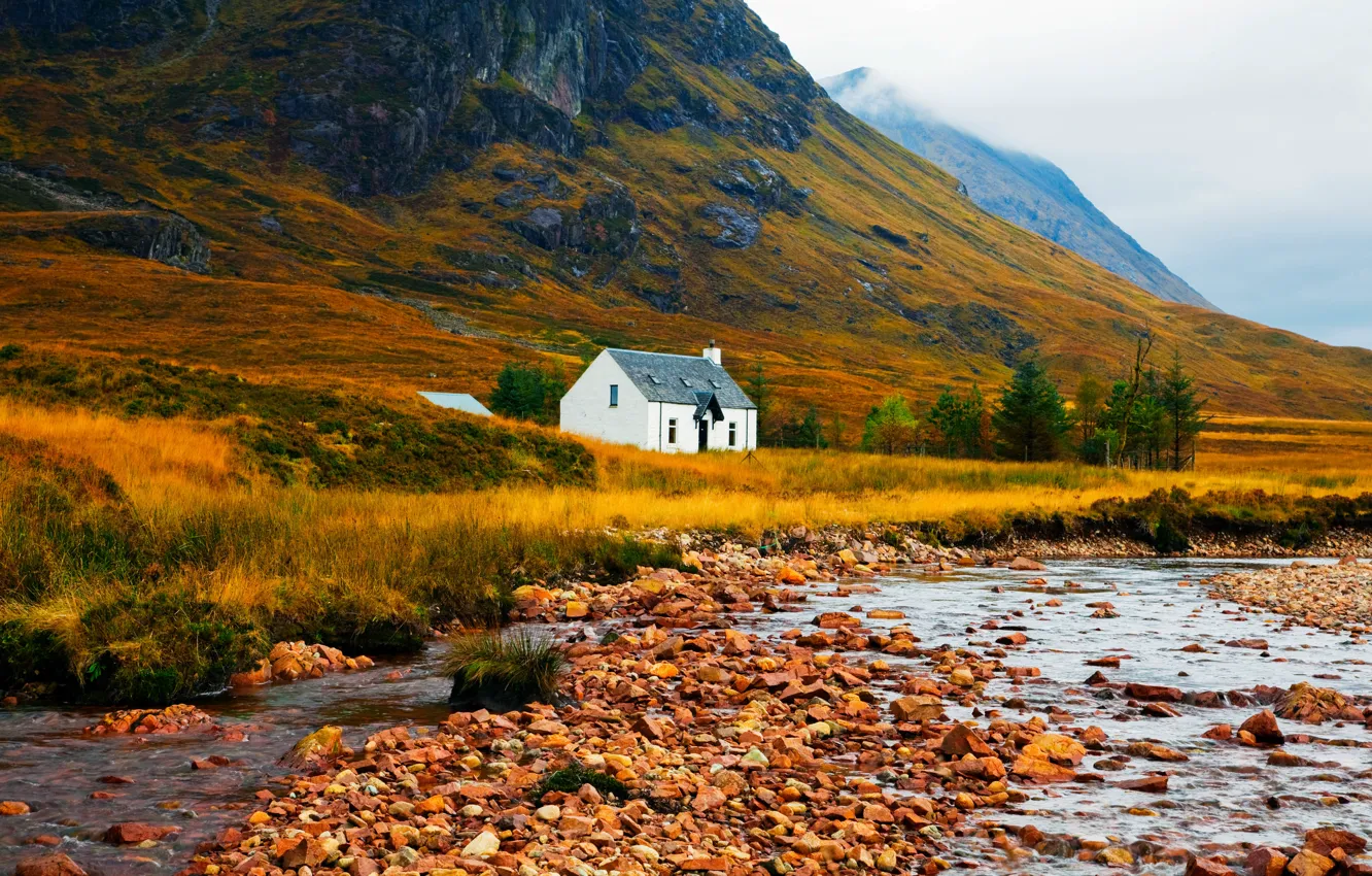 Photo wallpaper clouds, mountains, river, home