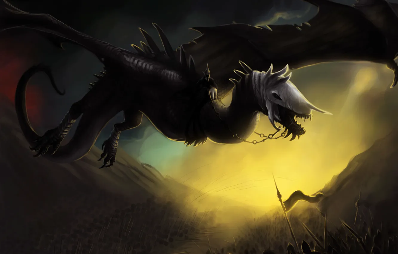 Photo wallpaper flight, fiction, dragon, skull, wings, art, chain