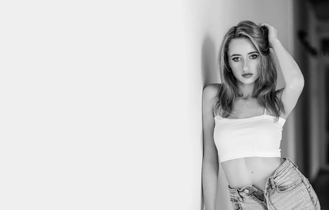 Photo wallpaper black & white, girl, sexy, hot girl, eyes, smile, beautiful, figure