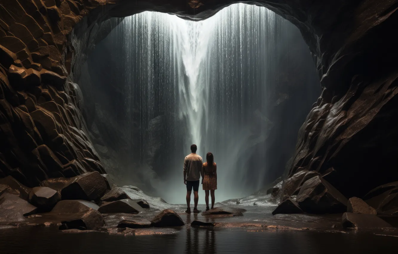Photo wallpaper summer, girl, waterfall, dress, pair, male, cave, the grotto