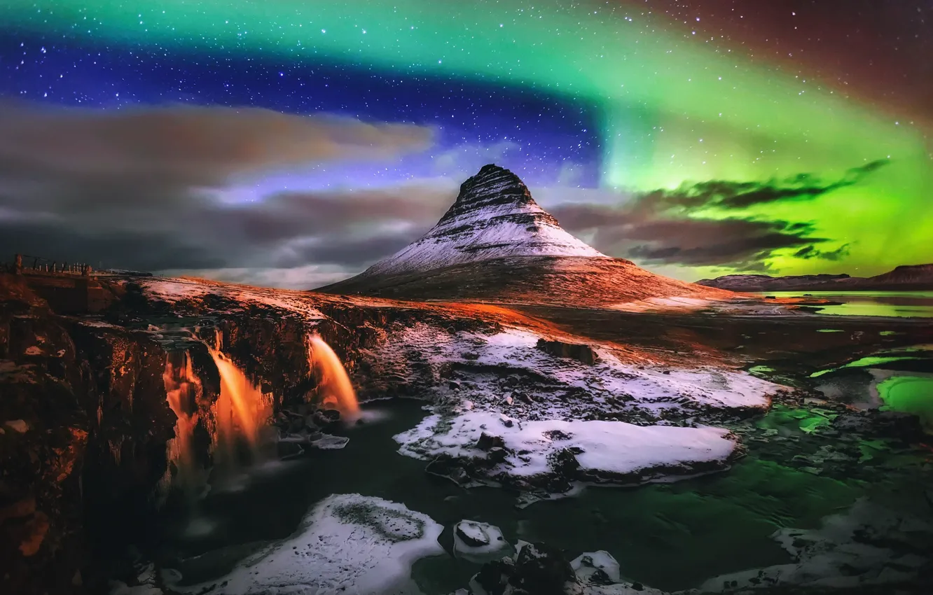 Photo wallpaper light, night, Northern lights, waterfalls, Iceland, mountain Kirkjufell