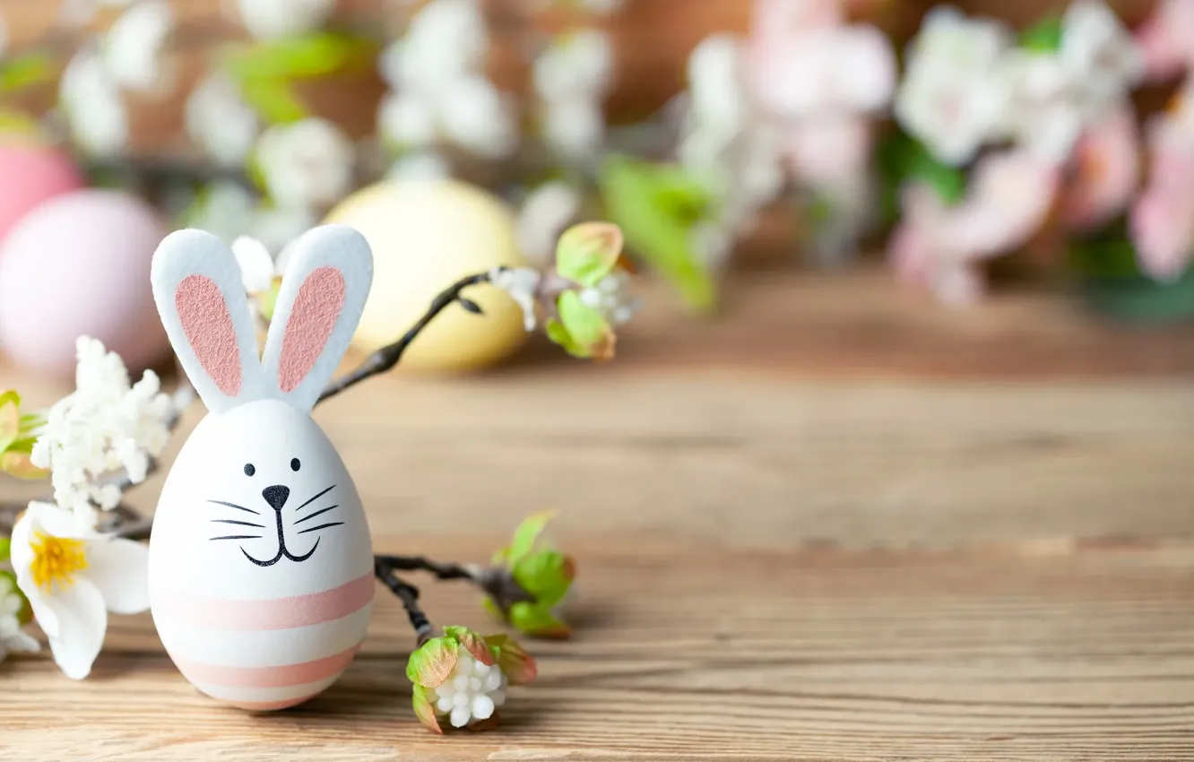 Photo wallpaper flowers, branches, table, holiday, toy, egg, rabbit, muzzle