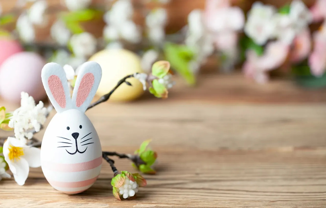 Photo wallpaper flowers, branches, table, holiday, toy, eggs, rabbit, muzzle