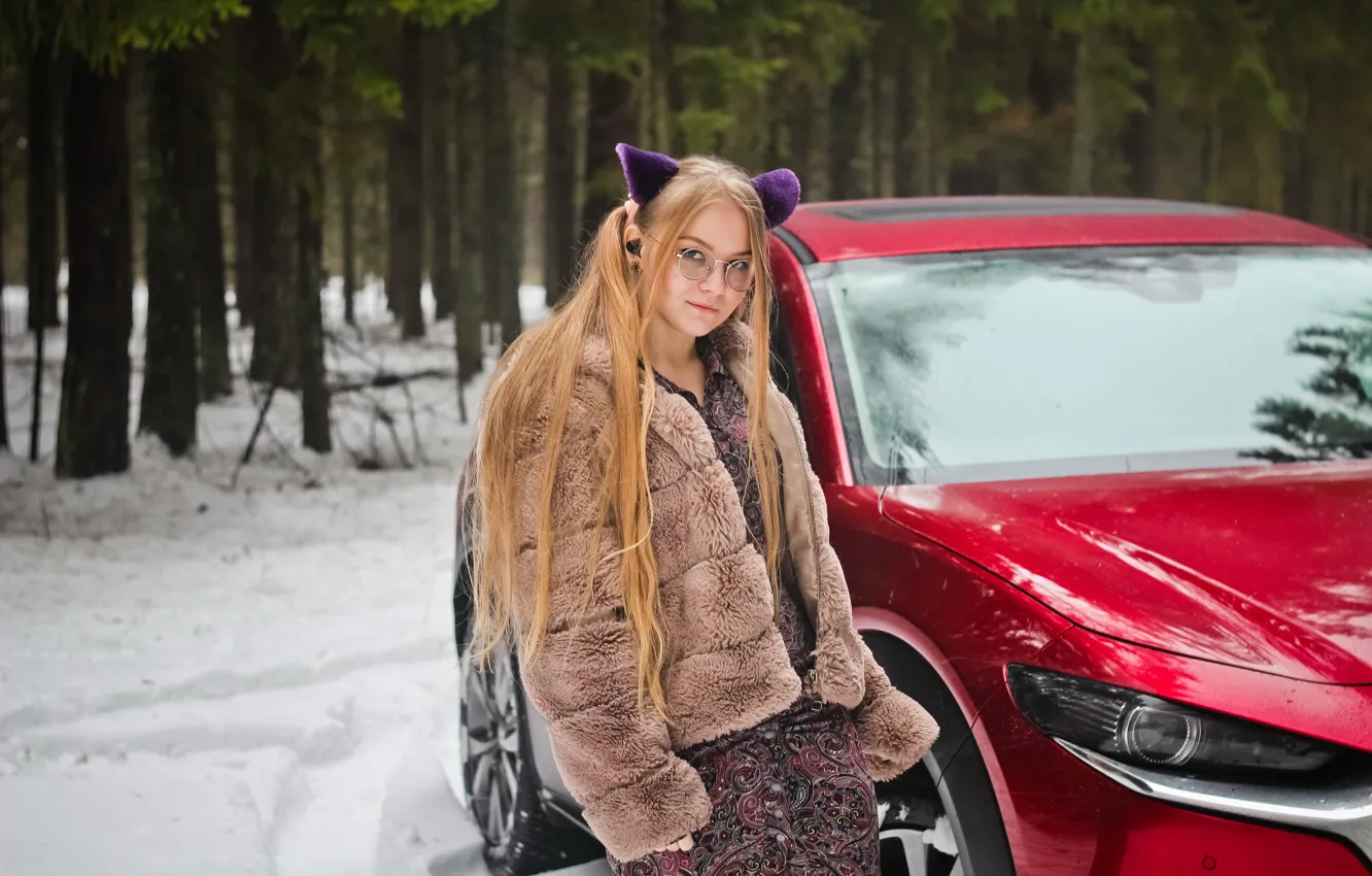 Photo wallpaper winter, forest, glasses, blonde, Japan, Mazda