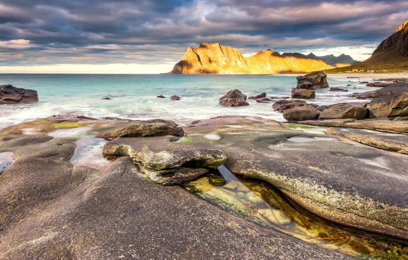Photo wallpaper sea, wave, beach, the sky, clouds, landscape, mountains, yellow