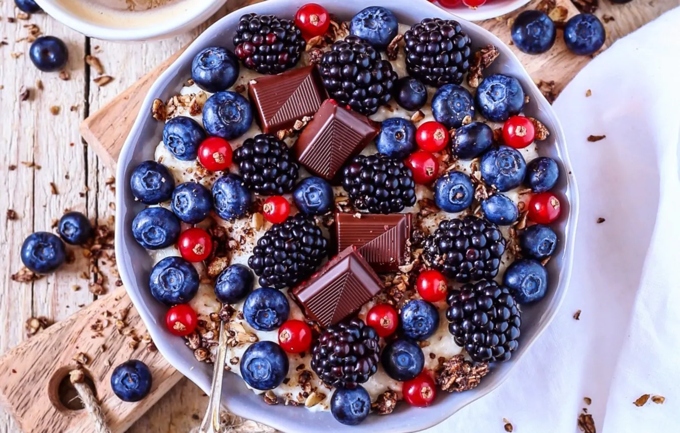 Photo wallpaper berries, chocolate, BlackBerry, blueberries, oatmeal