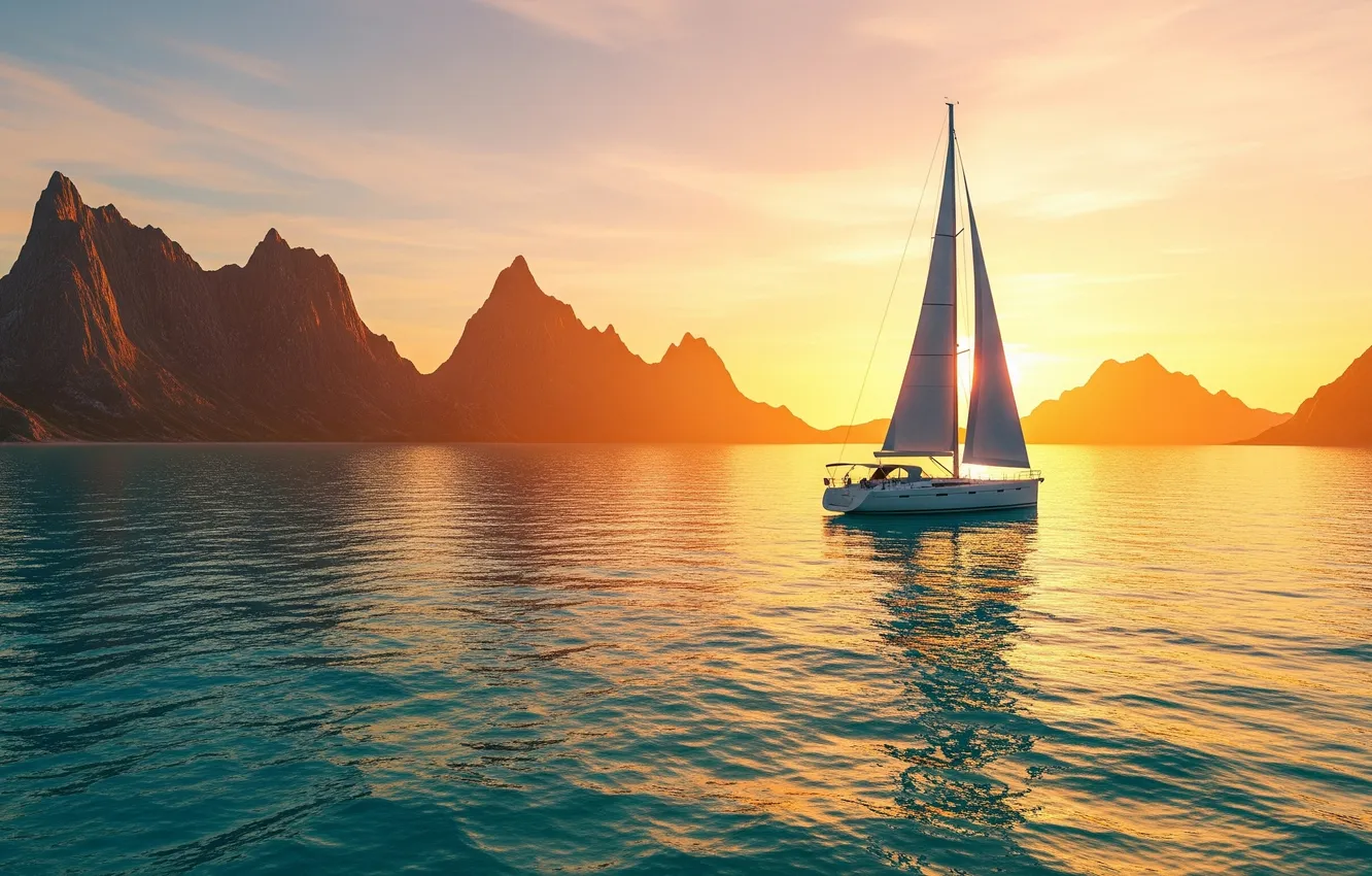 Photo wallpaper the sky, water, sunset, mountains, Wallpaper, sailboat, art, wallpaper