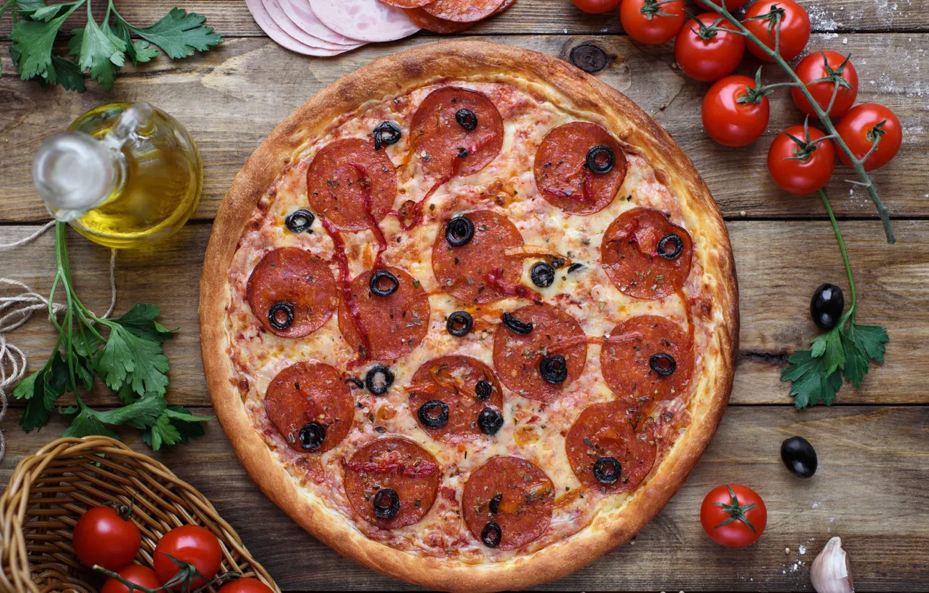 Photo wallpaper oil, meat, pizza, tomatoes, olives