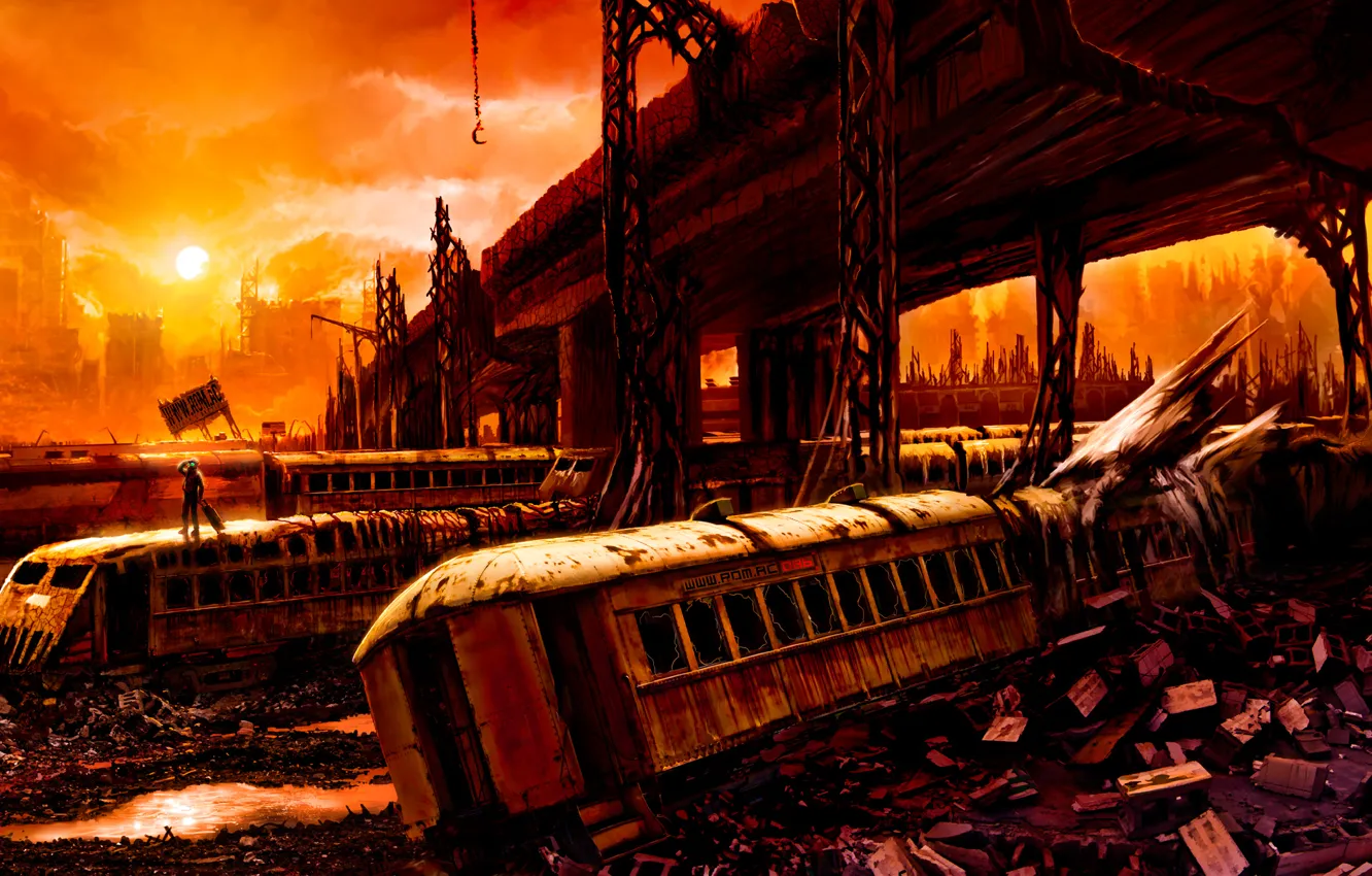 Photo wallpaper bridge, Apocalypse, train, the car, ruins, Romantically Apocalyptic