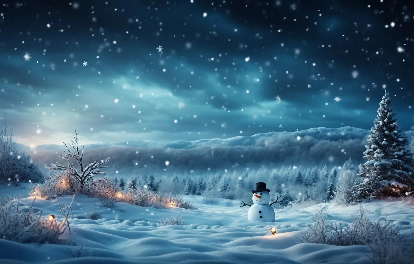 Photo wallpaper winter, snow, new year, Christmas, snowman, Christmas, snow, bokeh