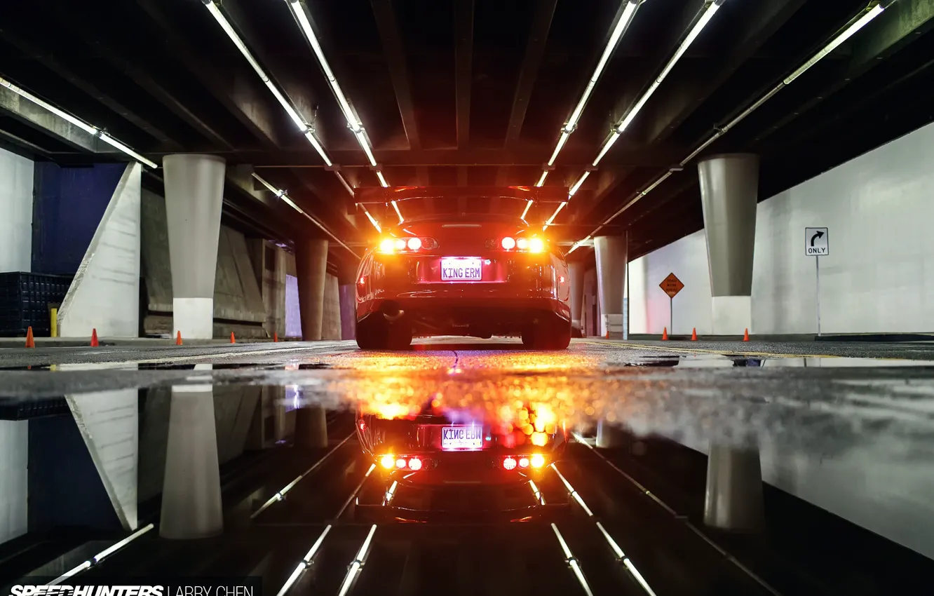 Photo wallpaper night, lights, reflection, street, puddles, Toyota, rear view, Supra