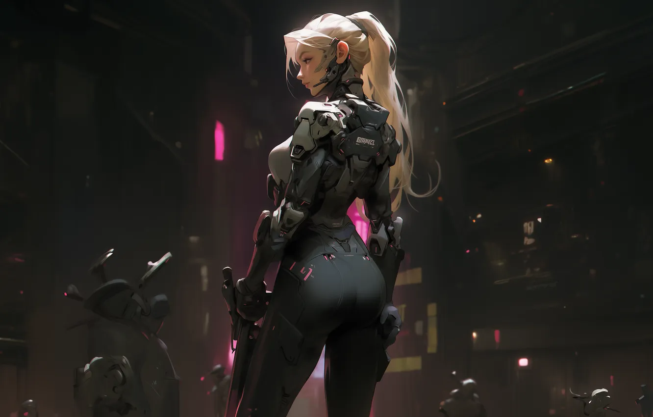 Photo wallpaper weapon, anime, women, blonde, Assassins, Illustration, Cyberpunk, AI Art
