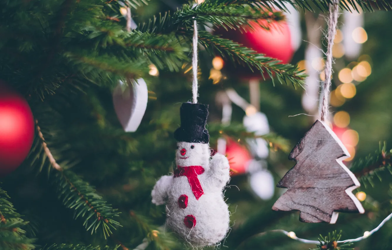 Photo wallpaper winter, balls, holiday, Christmas, New year, snowman, tree, Christmas decorations