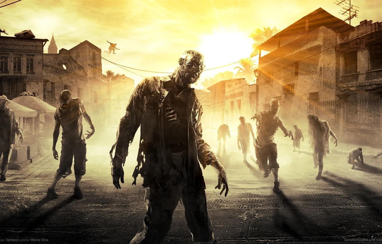 Photo wallpaper the sky, the sun, clouds, sunset, the situation, zombies, rays of light, Techland