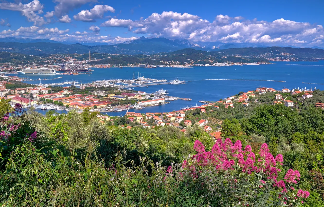 Photo wallpaper sea, flowers, the city, ship, home, port, Italy, La Spezia