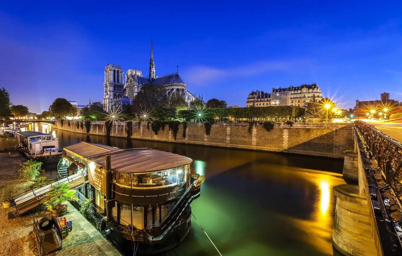 Photo wallpaper road, bridge, the city, lights, river, France, Paris, the evening
