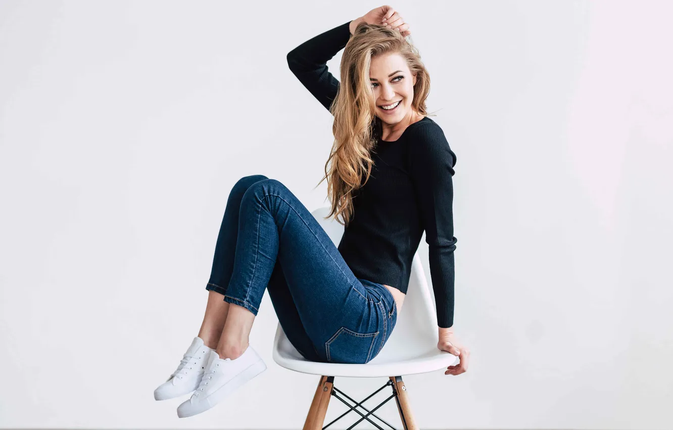 Photo wallpaper fashion, chair, blond, clothing, enjoyment, cheerful, elegance, Candid