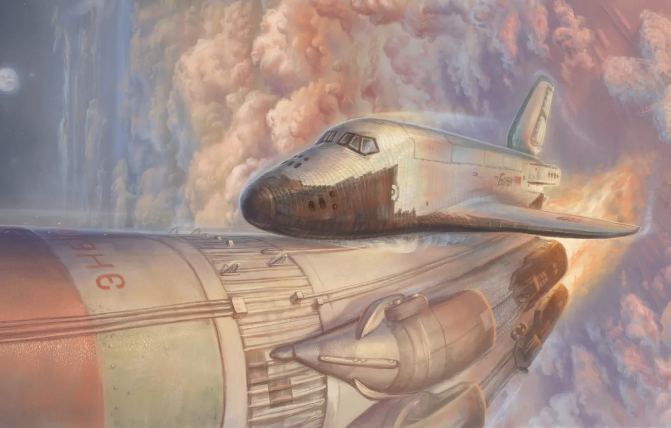 Photo wallpaper the sky, clouds, Shuttle, the rise, spaceship, buran