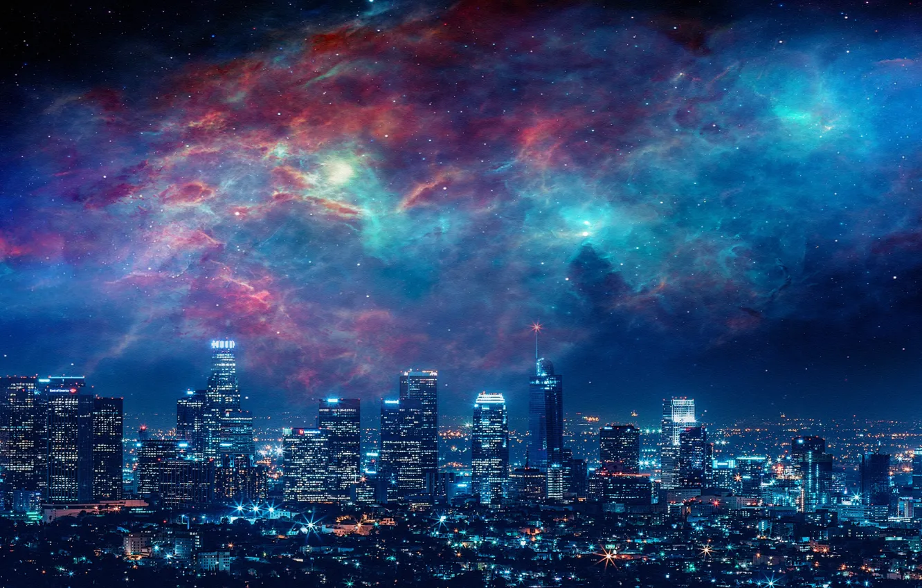 Photo wallpaper City, Sky, Beautiful, Stars, Space, Art, Galaxies, Landscape