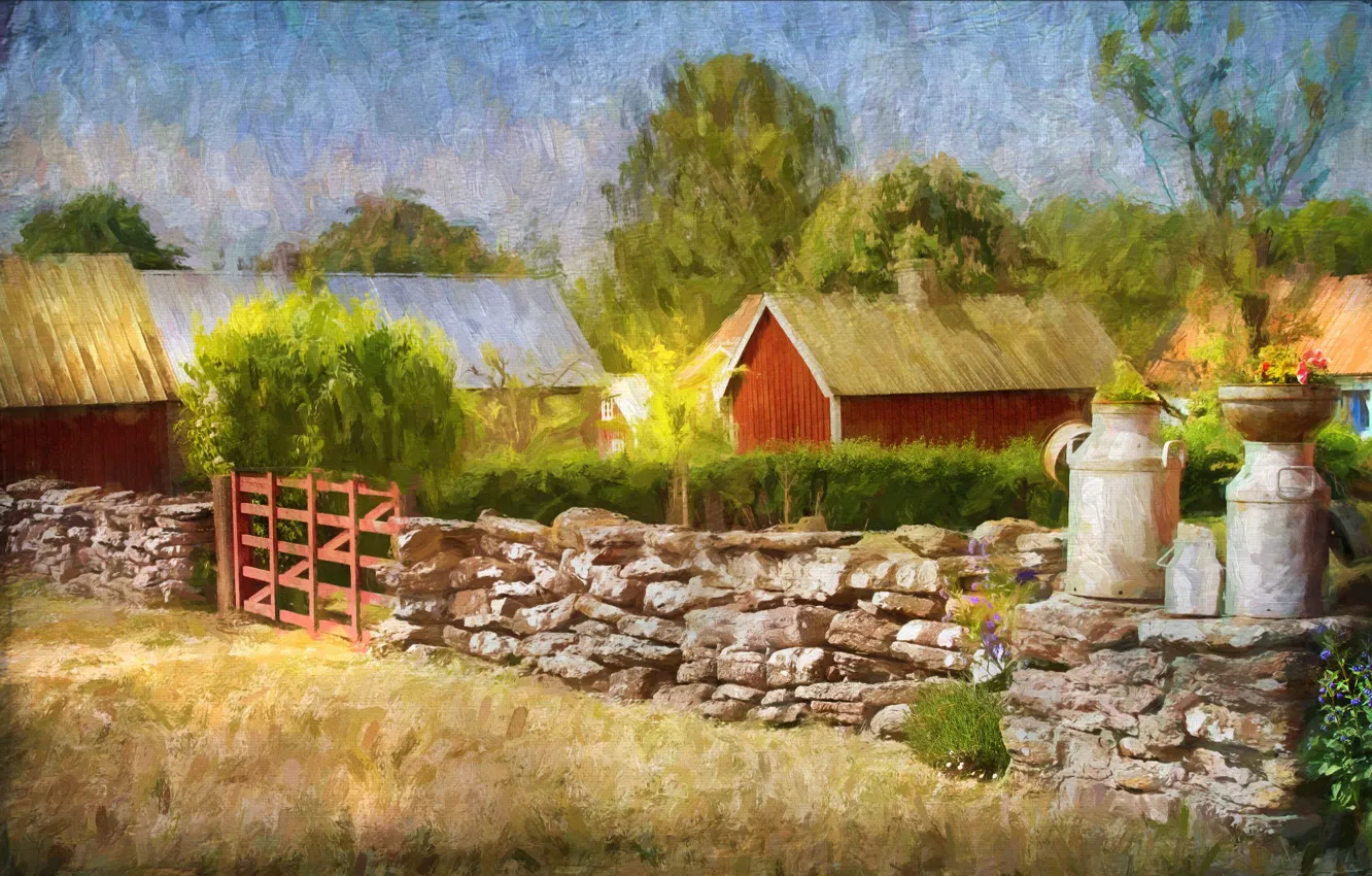 Photo wallpaper trees, the fence, gate, village, art, houses, painting, stone