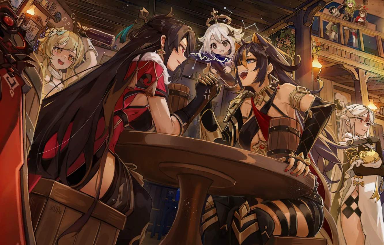 Photo wallpaper booze, characters, tavern, arm wrestling, Genshin Impact, Ningguang, Light, Genshin Impact