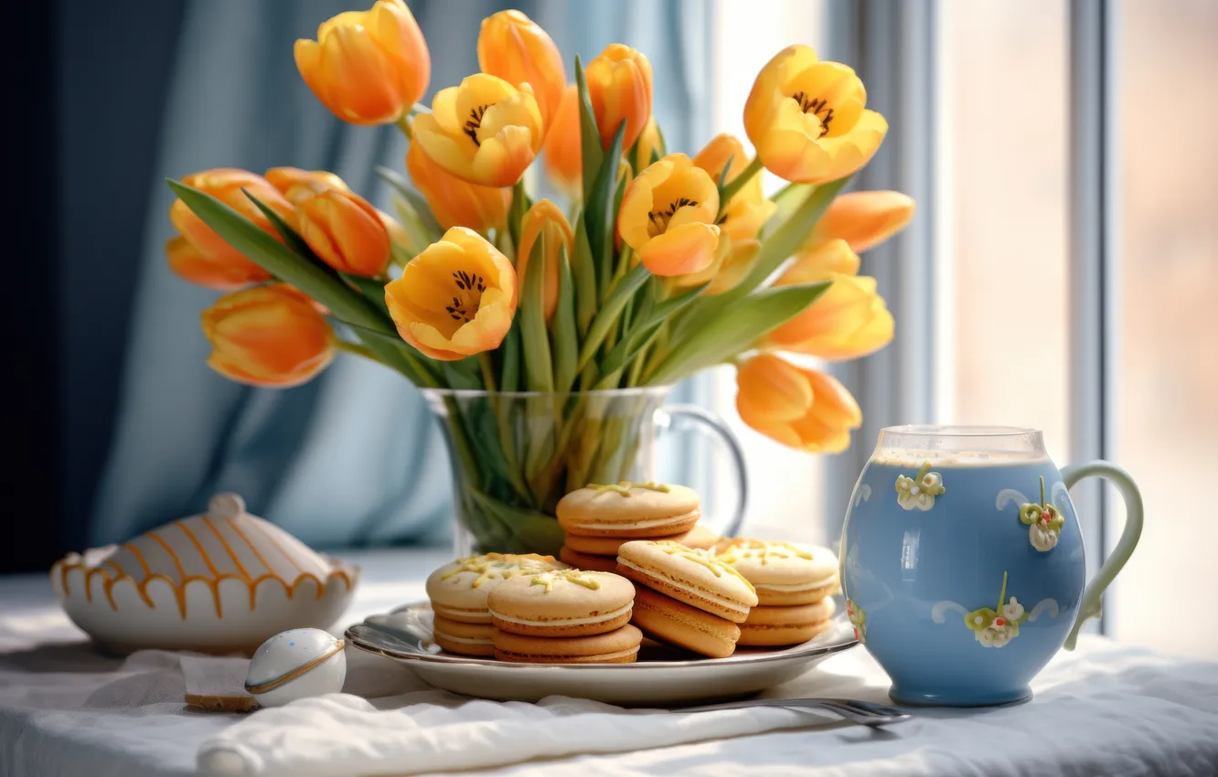 Photo wallpaper flowers, table, bouquet, yellow, cookies, mug, tulips, composition