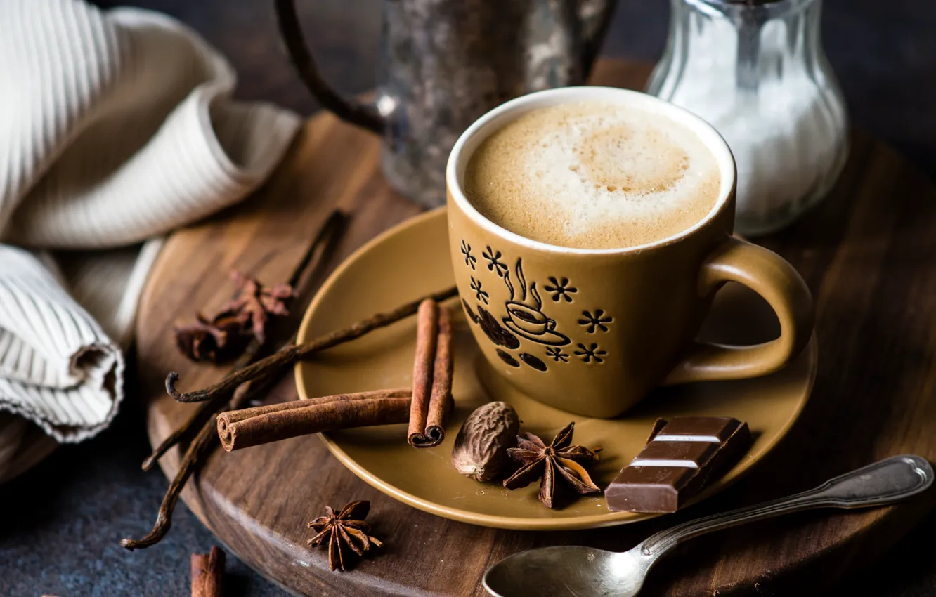Photo wallpaper coffee, chocolate, Cup, cinnamon, vanilla, star anise