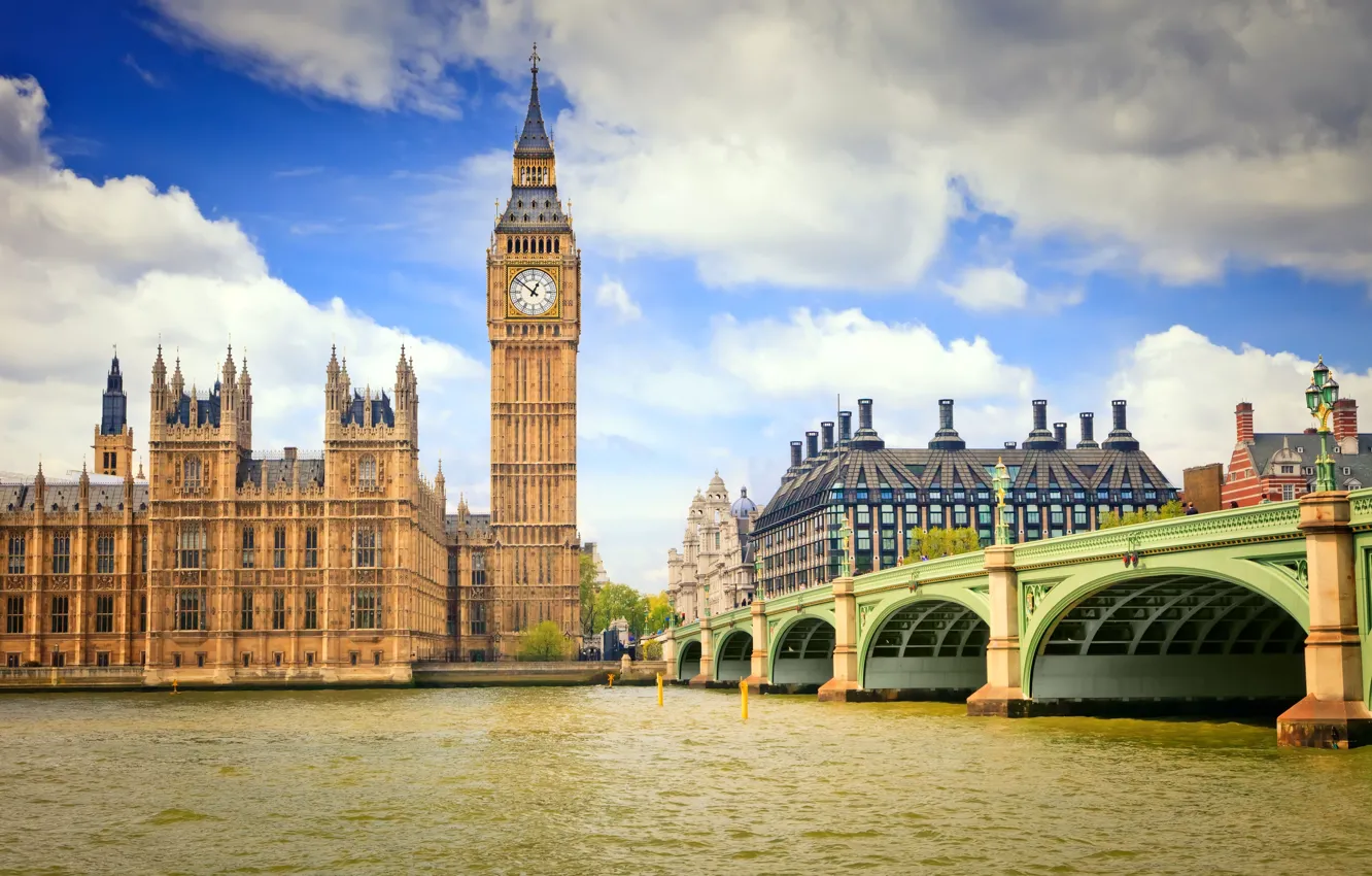 Photo wallpaper the sky, clouds, bridge, the city, blue, England, London, Big Ben