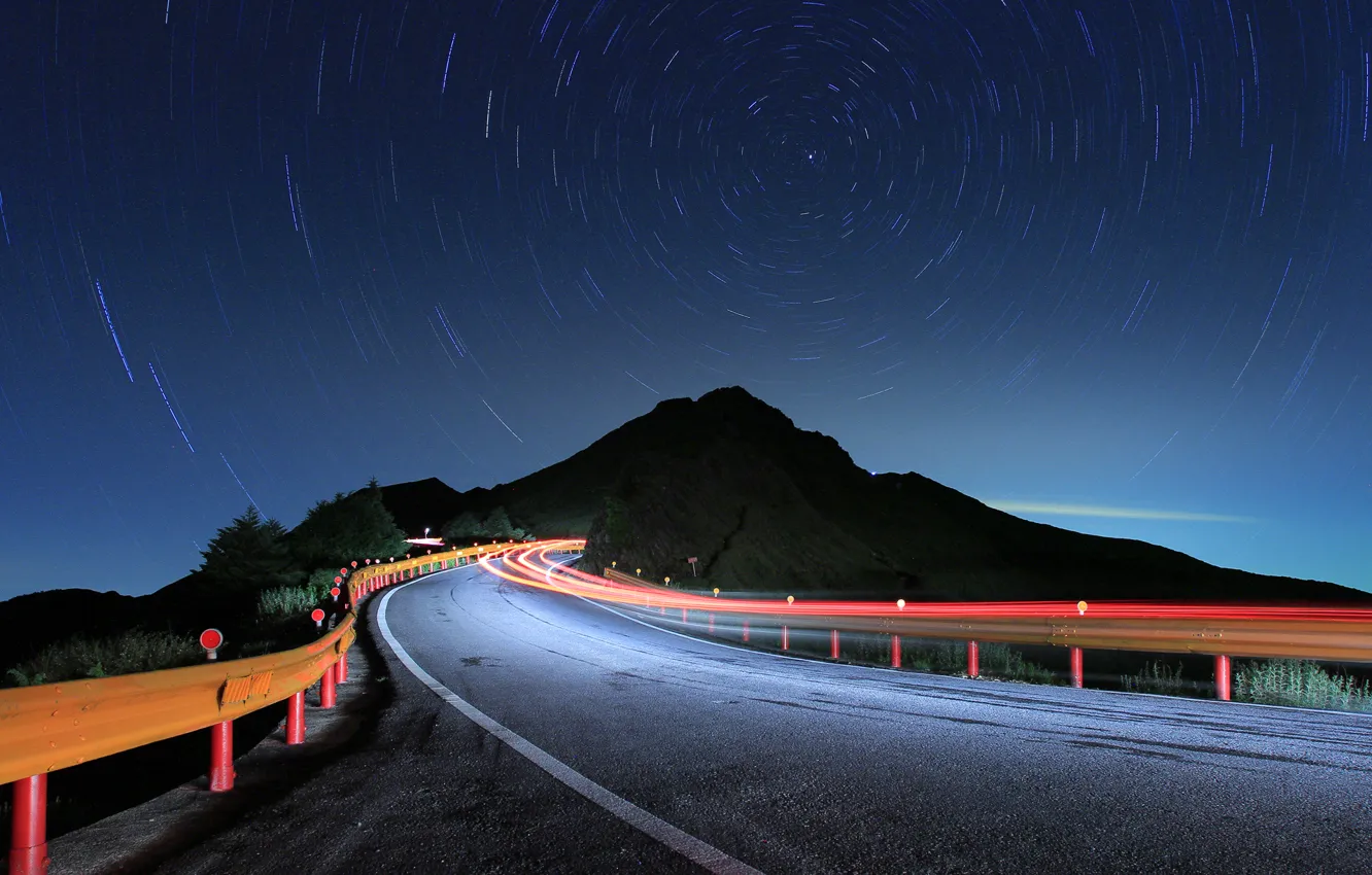 Photo wallpaper road, stars, night, lights, excerpt