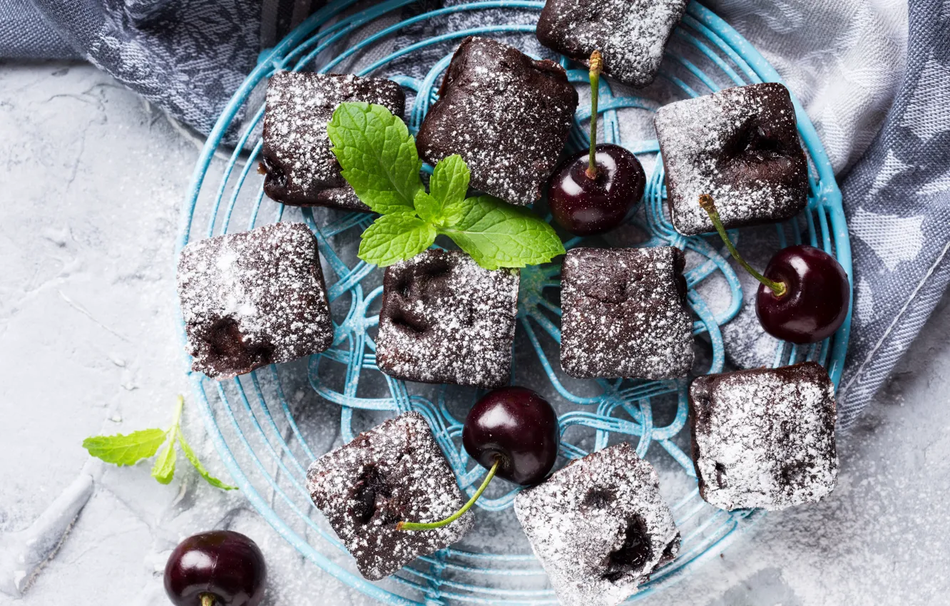 Photo wallpaper cherry, pie, chocolate, powdered sugar, Iryna Melnyk