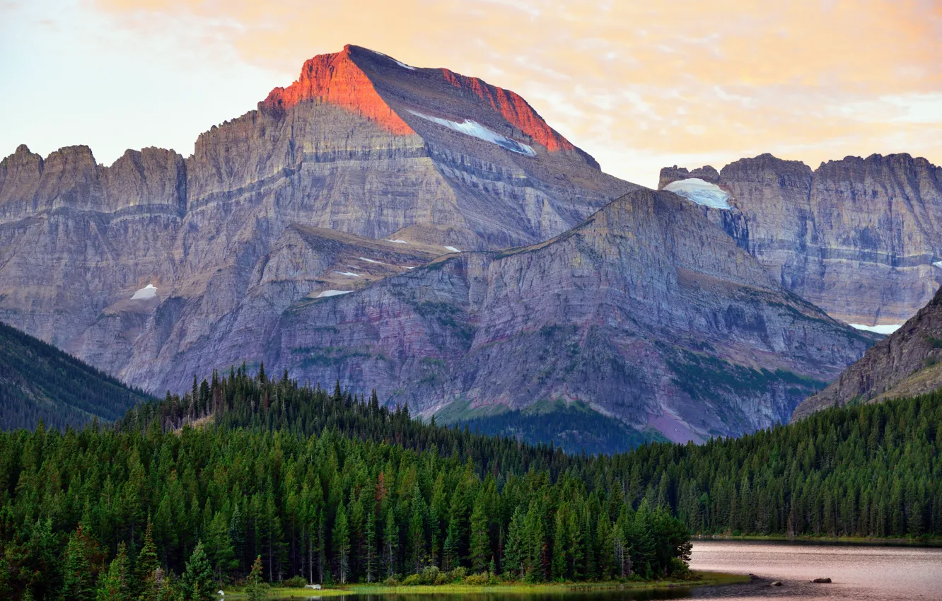 Photo wallpaper forest, sunset, mountains, nature, lake, rocks